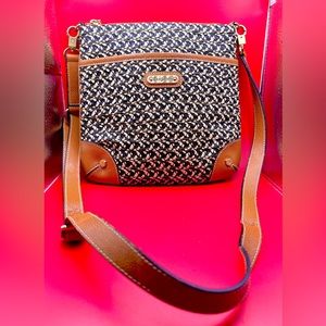 Eric Javits Woven Crossbody Bag Gold Hardware Black & Tan Canvas with Leather